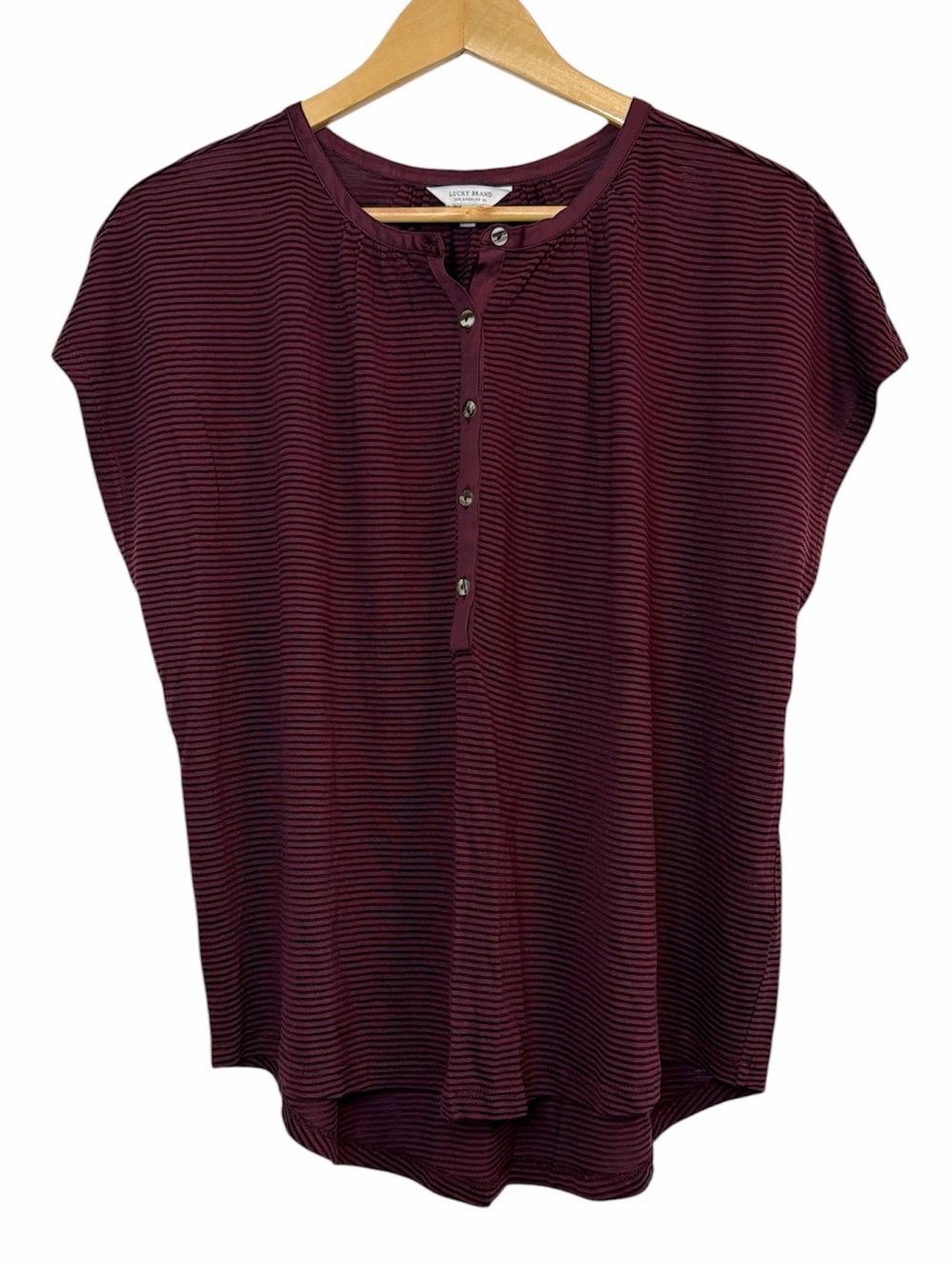 Lucky Brand Burgundy Stripe Button Front Cap Sleeve Blouse L
